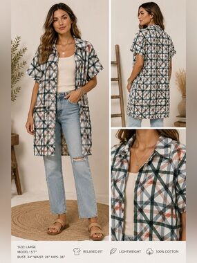 COS Plaid Shirt Dress Large Minimalist Cotton Tunic Button Front Oversized